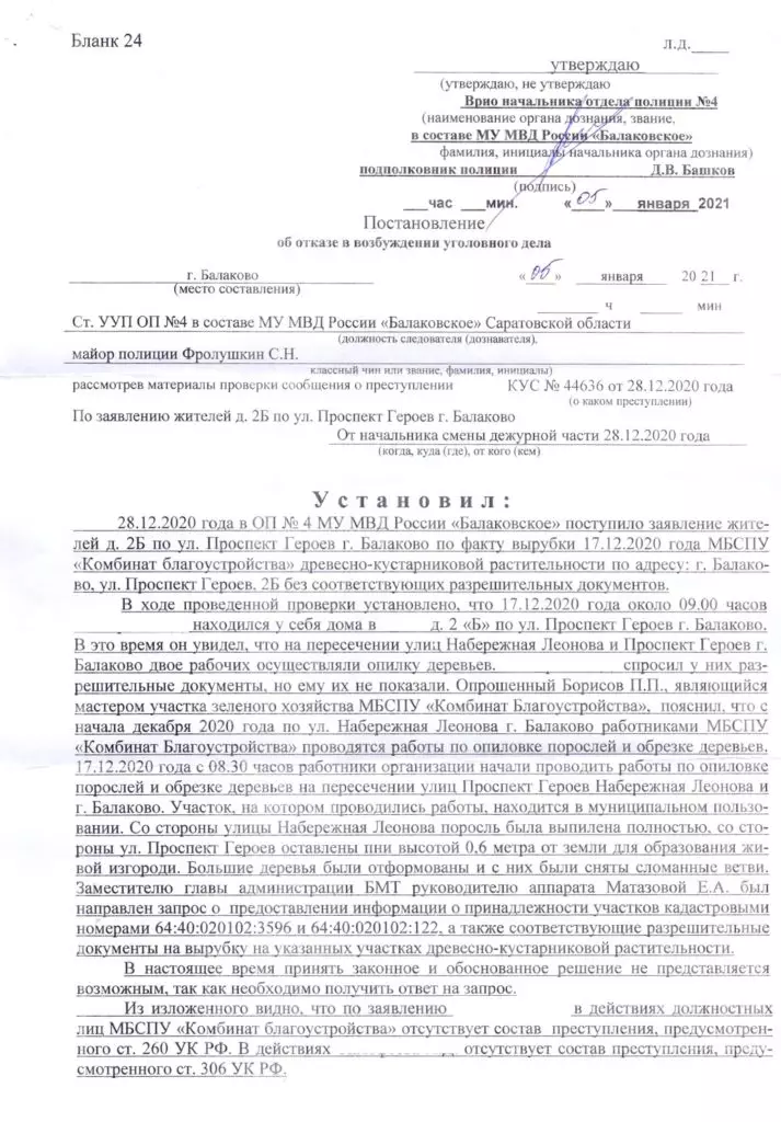En Balakovo, la polico ne atendis la dokumentojn pri la spil de la arboj 