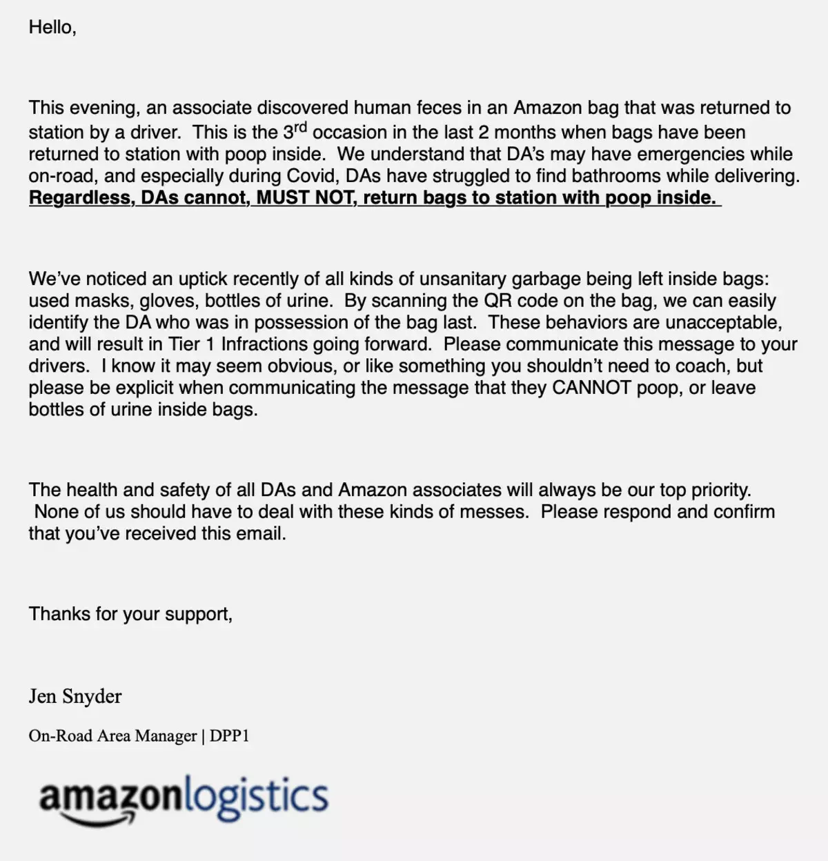 Amazon Delivers는 "비인간적"조건에 대해 불평하고 병에 소변을 주어야합니다. 이 회사는 이것을 부인합니다