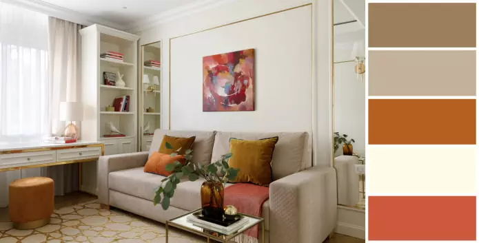 Visvairāk mājīgas krāsu kombinācijas dzīvojamā istabā - 10 gatavas shēmas 20394_6