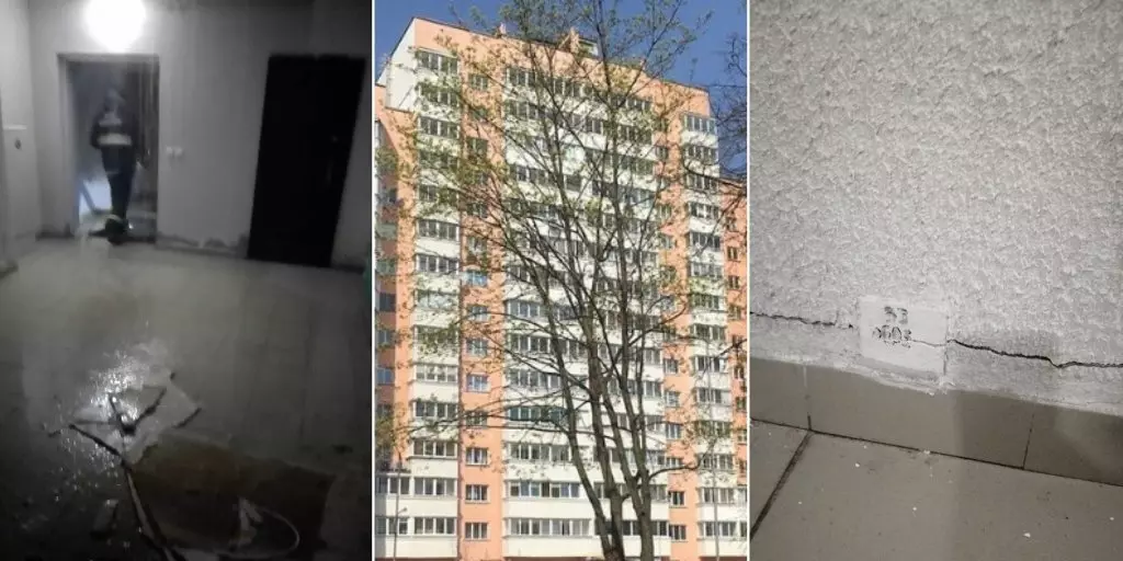 민스크 주민들이 대피 한 고층 건물에서는 균열이 자랍니다. 빌더 : 
