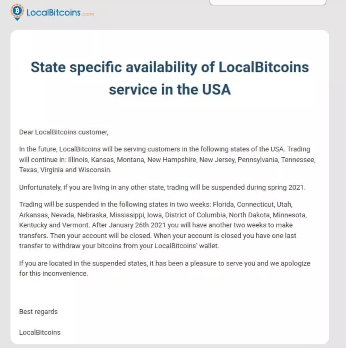 Localbitcoins পরিষেবা শুধুমাত্র দশ রাজ্যের মধ্যে উপলব্ধ করা হবে। 6720_1